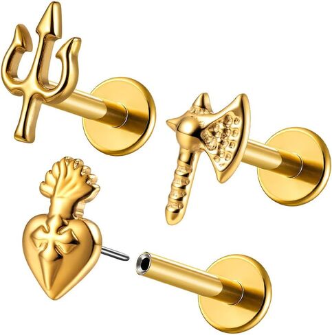 3 قطع من Casvort ASTM F136 تيتانيوم 16G/18G Koi Scorpion Centipede Cross Axe Trident Threadless مسمار ثقب مسطح للأنف، Labret، Tragus، Helix، Conch مع 6 مم 7 مم و8 مم بعد الغضروف مجوهرات ثقب الجسم in Kuwait