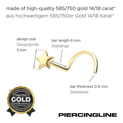 PIERCINGLINE real gold 14/18 carat nose ring spiral | STAR | tiny nose stud nose piercing in Saudi Arabia