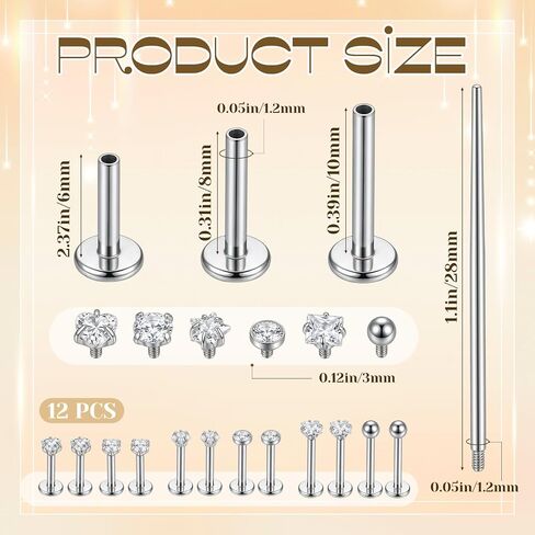 12Pcs 16G Lip Labret Medusa Rings Studs 316L Surgical Lip Studs Internally Threaded Labret Snake Bite Piercing Jewelry Lips Ring for Flat Back Catilage Tragus Helix Daith Ear Piercings Lips Studs in Saudi Arabia
