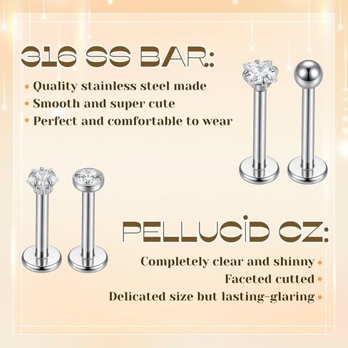 12Pcs 16G Lip Labret Medusa Rings Studs 316L Surgical Lip Studs Internally Threaded Labret Snake Bite Piercing Jewelry Lips Ring for Flat Back Catilage Tragus Helix Daith Ear Piercings Lips Studs in Saudi Arabia