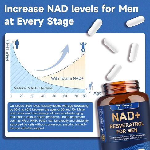 Totaria NAD+ Support for Men - NAD Trans-Resveratrol Supplement with CoQ10, PQQ, Magnesium,Ashwagandha – NMN & NMNH Alternative - Cell Energy & Vitality – 120 Capsules in Saudi Arabia