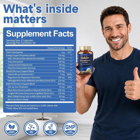 Totaria NAD+ Support for Men - NAD Trans-Resveratrol Supplement with CoQ10, PQQ, Magnesium,Ashwagandha – NMN & NMNH Alternative - Cell Energy & Vitality – 120 Capsules in Saudi Arabia