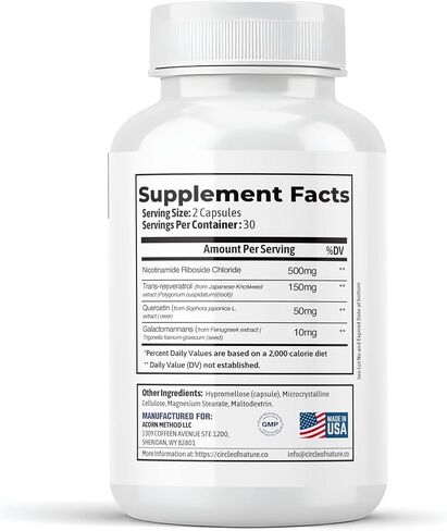CIRCLE OF NATURE NAD+ Supplement Nicotinamide Riboside Chloride with Resveratrol, for Anti-Aging | Cellular Energy| Quercetin & Fenugreek 3rd Party Tested, 60 Capsules in Saudi Arabia