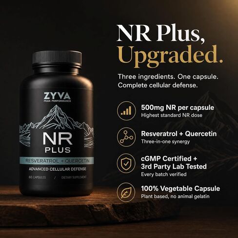 ZYVA NR Plus - نيكوتيناميد ريبوسيد 500 ملغ + ترانس ريسفيراترول 250 ملغ + كيرسيتين فيتوسوم 250 ملغ - يدعم إنتاج NAD+ ونشاط السيرتوين - الدفاع الخلوي - 60 كبسولة نباتية - شيخوخة صحية in Kuwait