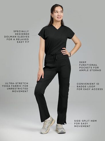 Scrubs for Women Set, V Neck Top & Straight Leg Pants | 6 Pockets, High Elastic Soft Fabric, Drop Shoulder, Slit Hem Yoga Scrub Pants for Easy Movement (Previously COZYFIT) in Saudi Arabia