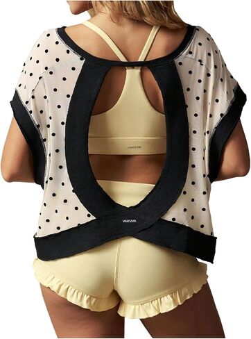 SOLY HUX Women's Polka Dots Open Back Workout Tops Short Sleeve Backless Sheer Mesh Athletic Shirts Sports Yoga Summer Top in Kuwait
