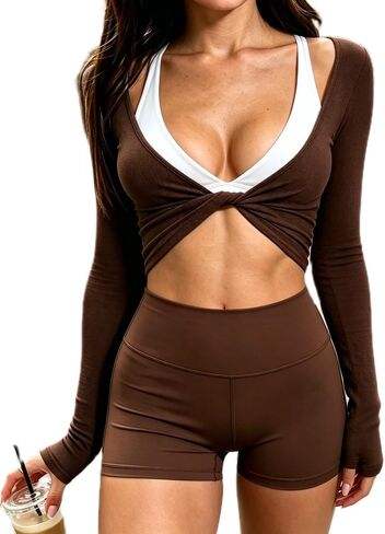 Women Twist Front Crop Top Deep V Neck Long Sleeve Ribbed Yoga Wrap Top Pilates Ballet Workout Shirt Athletic Wear in Kuwait