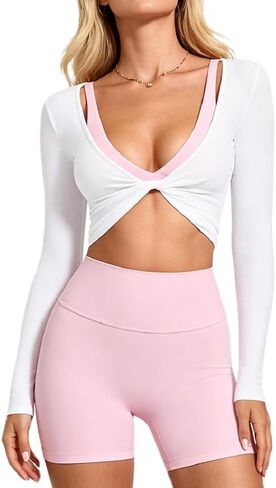 Women Twist Front Crop Top Deep V Neck Long Sleeve Ribbed Yoga Wrap Top Pilates Ballet Workout Shirt Athletic Wear in Kuwait