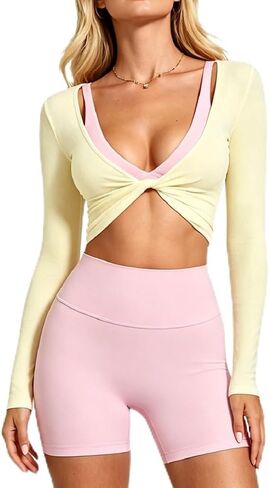 Women Twist Front Crop Top Deep V Neck Long Sleeve Ribbed Yoga Wrap Top Pilates Ballet Workout Shirt Athletic Wear in Kuwait