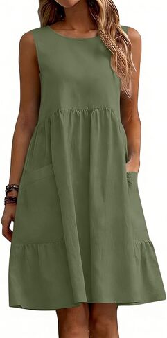 Womens Beach Summer Midi Dress Sleeveless Casual Beachy Sundress Loose A Line Tank Dresses with Pockets in Kuwait