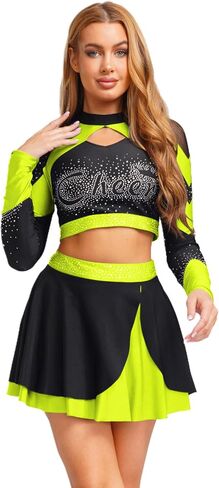 Women Metallic Shiny Color Block Cheerleading Uniform Hollow Out Crop Top And Skating Skirt Set Fluorescent Yellow Medium in Saudi Arabia