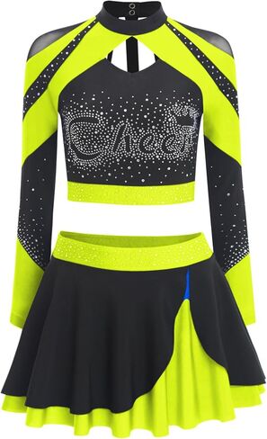 Women Metallic Shiny Color Block Cheerleading Uniform Hollow Out Crop Top And Skating Skirt Set Fluorescent Yellow Medium in Saudi Arabia