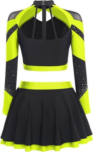 Women Metallic Shiny Color Block Cheerleading Uniform Hollow Out Crop Top And Skating Skirt Set Fluorescent Yellow Medium in Saudi Arabia