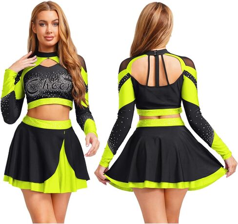 Women Metallic Shiny Color Block Cheerleading Uniform Hollow Out Crop Top And Skating Skirt Set Fluorescent Yellow Medium in Saudi Arabia