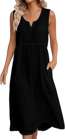 Summer Dress for Women Cotton Linen Sleeveless Boho Flowy House Dresses Beach Vacation Sun Dress with Pockets in Kuwait
