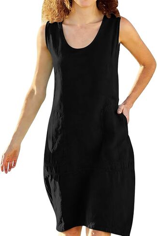 Summer Dresses for Women Cotton Linen Beach Vacation Clothes Casual Sleeveless Midi Sundresses with Pockets in Kuwait