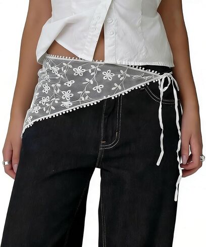 Women's Floral Lace Triangle Hip Scarf Head Kerchief Tie Waist Belt Sheer Hip Wrap Boho Head Scarf Hair Accessory in Kuwait