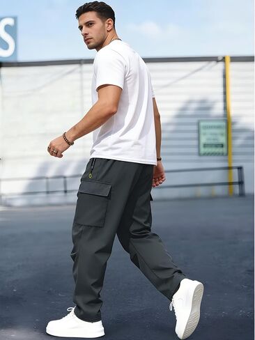 Men’s Cargo Casual Pants Straight Leg Sweatpants Multi-Pocket Design Zippered Pockets Adjustable Drawstring Waist in Kuwait