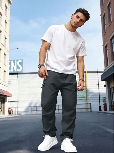 Men’s Cargo Casual Pants Straight Leg Sweatpants Multi-Pocket Design Zippered Pockets Adjustable Drawstring Waist in Kuwait