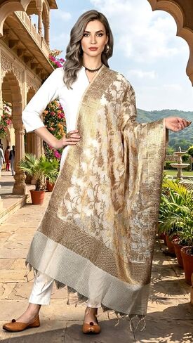 Women's Banarasi Cotton Silk Dupatta Traditional Indian Ethnic Chunni Elegant Woven Lightweight Evening Shawl Wrap in Saudi Arabia