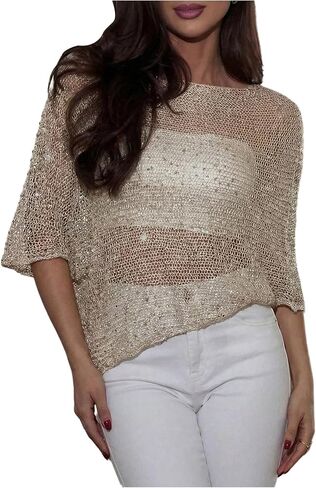 SHENHE Women's Crochet Sheer Poncho Shawl Top Sequin Hollow Out Knit Coverup Sweater Cape in Kuwait