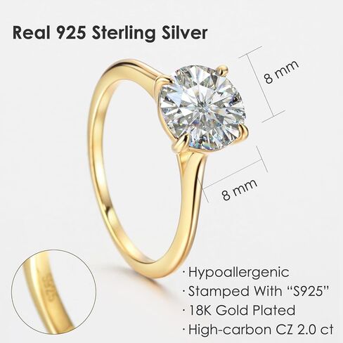 Michooyel 18K Gold Plated Round Cut Solitare 925 Sterling Silver | 2ct Engagement Ring Women, Wedding Ring, Promise Ring Cubic Zirconia in Kuwait