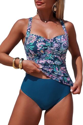 ZAFUL Tankini Swimsuit Tummy Control Bathing Suits Two Piece Swimwear Rushed Swim Top with High Waisted Bottom in Kuwait