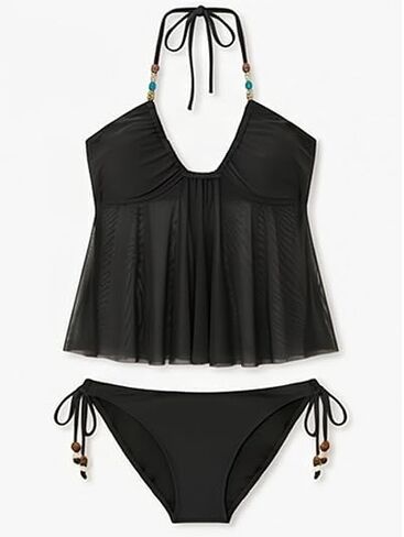 Tankini المايوه للنساء Flowy شبكة الرسن الخامس الرقبة العصابة السباحة الأعلى صفيق التعادل الجانب ثونغ 2 قطعة مطرز لباس سباحة in Kuwait