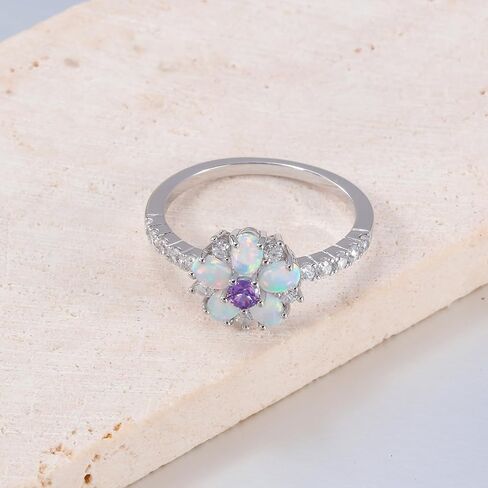 CiNily Opal Engagement Rings 14K Silver Plated Flower Opal Wedding Bands for Women Eternity Ring Cubic Zirconia Promise Rings for Her Diamond Accents Ring Valentine Gifts for Women Size 5-12 in Kuwait