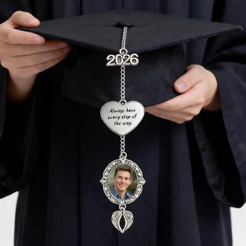 2026 Graduation Tassel Photo Charm, Oval Frame with Angel Wings, Heart Message Tag, Silver Memorial Keepsake with Gift Box in Saudi Arabia