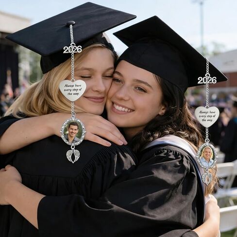 2026 Graduation Tassel Photo Charm, Oval Frame with Angel Wings, Heart Message Tag, Silver Memorial Keepsake with Gift Box in Saudi Arabia