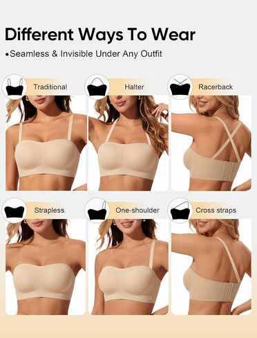 Strapless Bra for Women Non-Slip Silicone Bandeau Invisible Under Dresses Convertible with Clear & Fabric Straps in Saudi Arabia