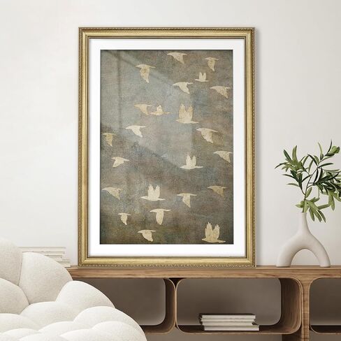 MUDECOR Premium Framed Wall Art Golden Birds in Flight Illustrations Impressionism Scenic Colorful for Living Room, Bedroom, Office - 26"x36" Gold in Saudi Arabia