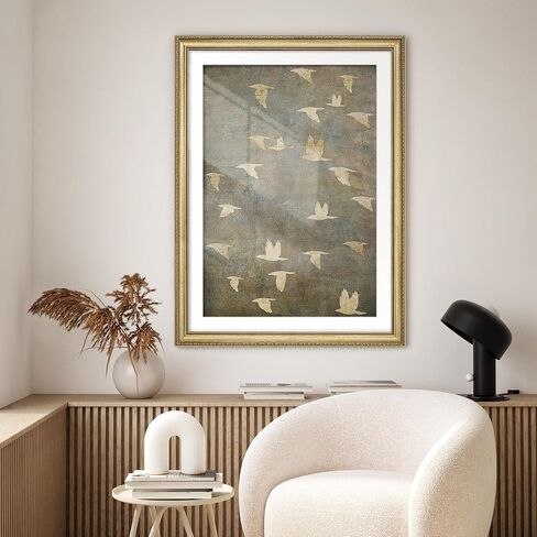 MUDECOR Premium Framed Wall Art Golden Birds in Flight Illustrations Impressionism Scenic Colorful for Living Room, Bedroom, Office - 26"x36" Gold in Saudi Arabia