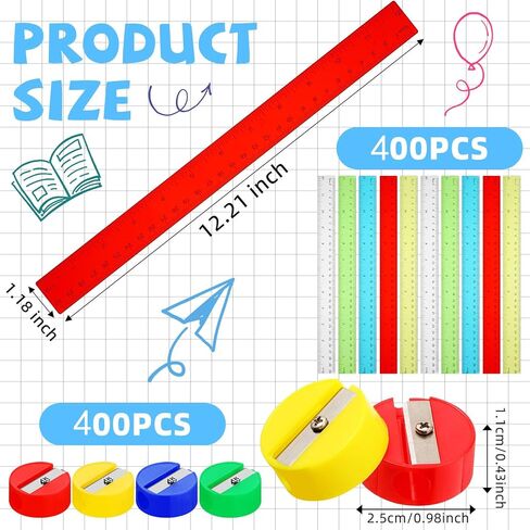 Mifoci 300 Pcs 12 Inch Plastic Rulers and 300 Pcs Mini Round Manual Pencil Sharpener Bulk for Classroom Office Back to School Supplies Kids Boys Girls, Assorted Colors (Simple Styles) in Saudi Arabia