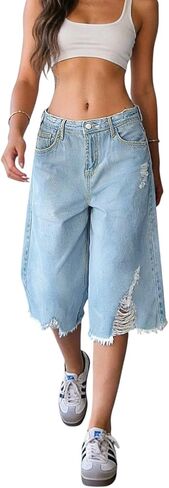 Women's Y2K Ripped Wide Leg Denim Shorts, Baggy Knee Length Cropped Bermuda Jean Jorts in Saudi Arabia
