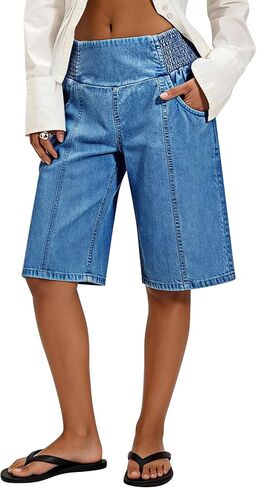 Flamingals Womens Bermuda Jean Shorts Pull On Elastic Waisted Long Denim Short Knee Length Casual Baggy Jeans Jorts in Kuwait