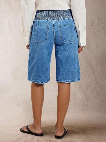 Flamingals Womens Bermuda Jean Shorts Pull On Elastic Waisted Long Denim Short Knee Length Casual Baggy Jeans Jorts in Kuwait