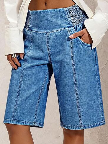 Flamingals Womens Bermuda Jean Shorts Pull On Elastic Waisted Long Denim Short Knee Length Casual Baggy Jeans Jorts in Kuwait