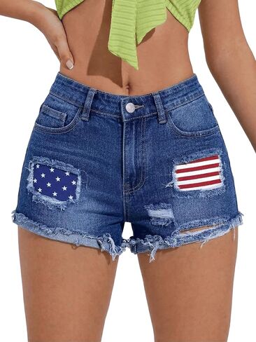 American Flag Denim Shorts for Women High Waisted Frayed Raw Hem Distressed Jean Shorts for Summer Music Festivals in Saudi Arabia