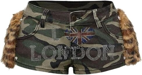 WDIRARA Women's Fuzzy Camo Mini Jean Shorts Y2k Rhinestone Low Rise Denim Shorts in Kuwait