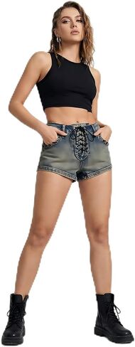 Women's Low Rise Lace-Up Denim Shorts | Y2K Sexy Mini Hot Pants, Front Lace Up, Vintage Washed Jean in Saudi Arabia