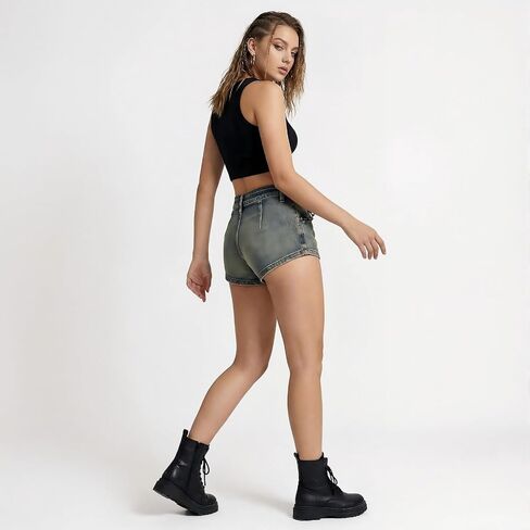 Women's Low Rise Lace-Up Denim Shorts | Y2K Sexy Mini Hot Pants, Front Lace Up, Vintage Washed Jean in Saudi Arabia