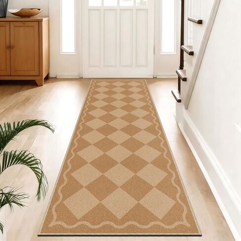 Waterproof 2x6 Runner Rug Non Slip - Floor Runners for Dogs,Washable & Joint-Friendly Dense Loop Pile Carpet Runners for Hallway, Kitchen, Indoor Entryway, Laundry, Checked Beige in Kuwait