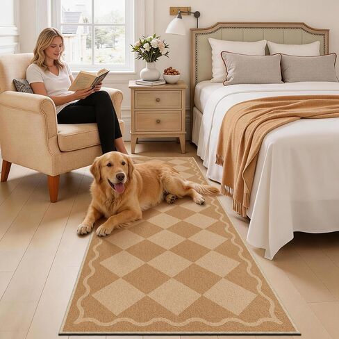 Waterproof 2x6 Runner Rug Non Slip - Floor Runners for Dogs,Washable & Joint-Friendly Dense Loop Pile Carpet Runners for Hallway, Kitchen, Indoor Entryway, Laundry, Checked Beige in Kuwait