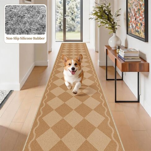 Waterproof 2x6 Runner Rug Non Slip - Floor Runners for Dogs,Washable & Joint-Friendly Dense Loop Pile Carpet Runners for Hallway, Kitchen, Indoor Entryway, Laundry, Checked Beige in Kuwait