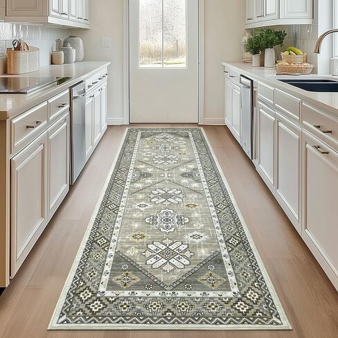 Boho Runner Rug 20x60, Non-Slip Kitchen Runner Rug Washable Faux Wool Stain-Resistant Hallway Runner Rugs, Vintage Low-Pile Blue Non-Skid Carpet for Entryway, Bathroom, Hallway Mats for Floor in Kuwait