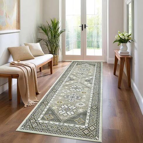 Boho Runner Rug 20x60, Non-Slip Kitchen Runner Rug Washable Faux Wool Stain-Resistant Hallway Runner Rugs, Vintage Low-Pile Blue Non-Skid Carpet for Entryway, Bathroom, Hallway Mats for Floor in Kuwait