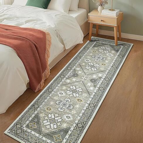 Boho Runner Rug 20x60, Non-Slip Kitchen Runner Rug Washable Faux Wool Stain-Resistant Hallway Runner Rugs, Vintage Low-Pile Blue Non-Skid Carpet for Entryway, Bathroom, Hallway Mats for Floor in Kuwait