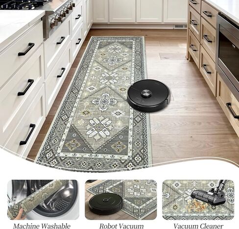 Boho Runner Rug 20x60, Non-Slip Kitchen Runner Rug Washable Faux Wool Stain-Resistant Hallway Runner Rugs, Vintage Low-Pile Blue Non-Skid Carpet for Entryway, Bathroom, Hallway Mats for Floor in Kuwait
